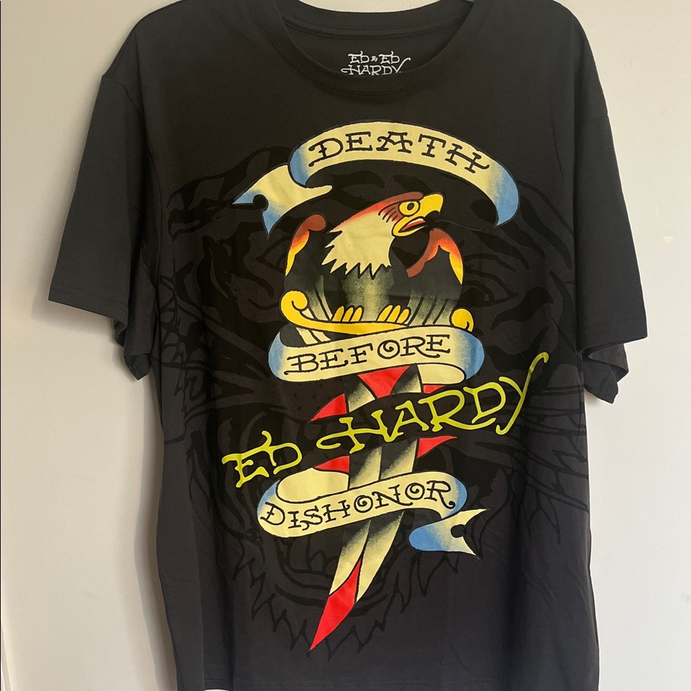 Ed Hardy Black Tee with Eagle and Banner Design
